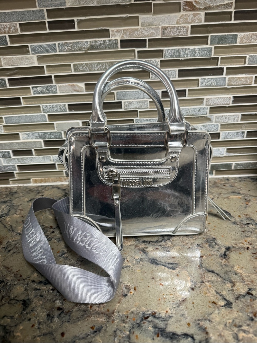 Steve Madden Silver Metallic Mini Satchel with Logo Strap